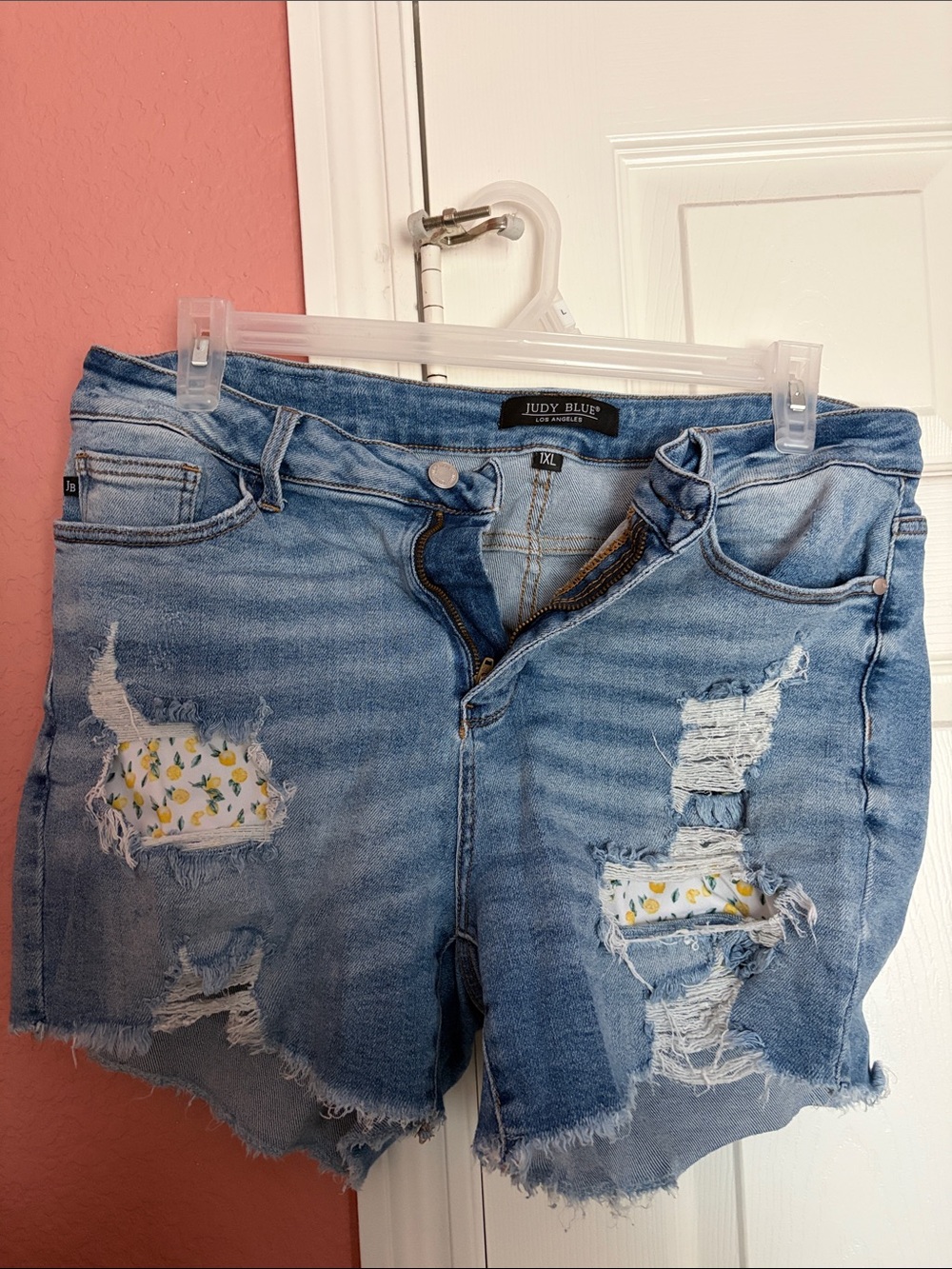 Judy Blue Light Blue Distressed Denim Shorts with Lemon Patch Insets